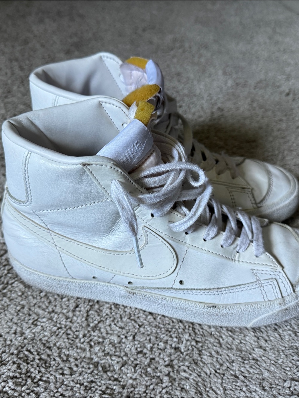 Nike White High-Top Leather Sneakers with Yellow Tongue Accent